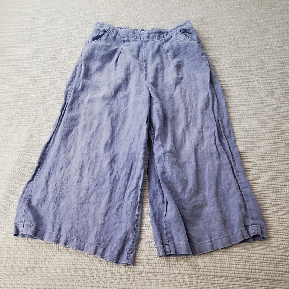 Sigrid Olsen 100% Linen Wide Leg Pants Womens Large Blue Cropped Elastic Waist